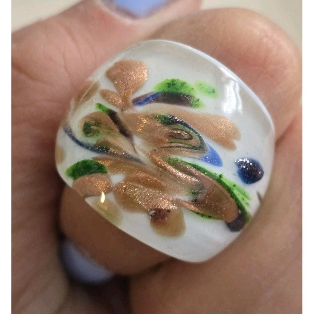 Murano Style Art Glass Dome Ring White Aventurine Copper Flecks Green Blue Sz 7